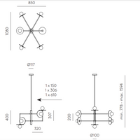 Technische Zeichnung Schwarze Pendelleuchte Miro von Aromas del Campo mit opal-gläserner Kugel und G9-LED