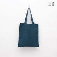 Leinen-Tasche 'Deep Water' von Linen Tales – handgefertigt in Litauen aus 100 % natürlichem, OEKO-TEX®-zertifiziertem Leinen. Maße: 42 × 38 cm. Ideal für Einkäufe, Strandbesuche oder den Alltag
