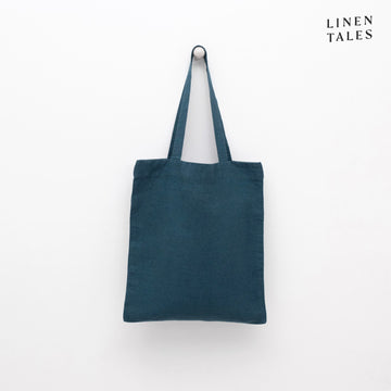 Leinen-Tasche 'Deep Water' von Linen Tales – handgefertigt in Litauen aus 100 % natürlichem, OEKO-TEX®-zertifiziertem Leinen. Maße: 42 × 38 cm. Ideal für Einkäufe, Strandbesuche oder den Alltag